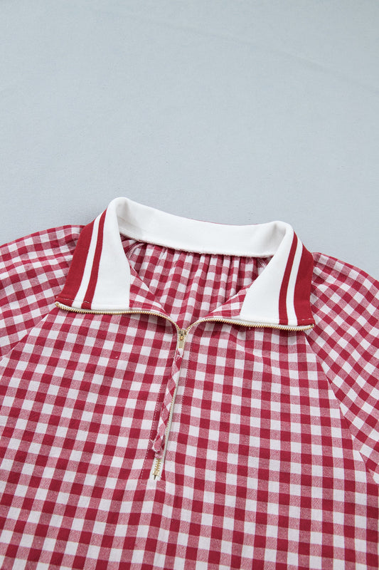 Gingham Half Zip Collared Blouse