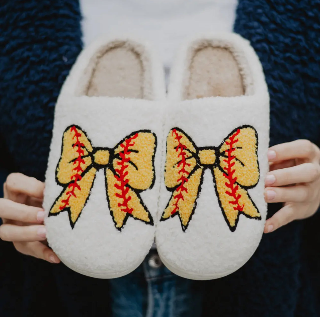 Softball Bow Fuzz Slippers