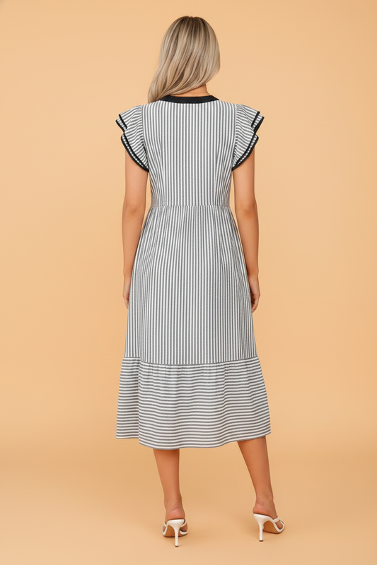 Stripe Flutter Sleeve Midi Dress
