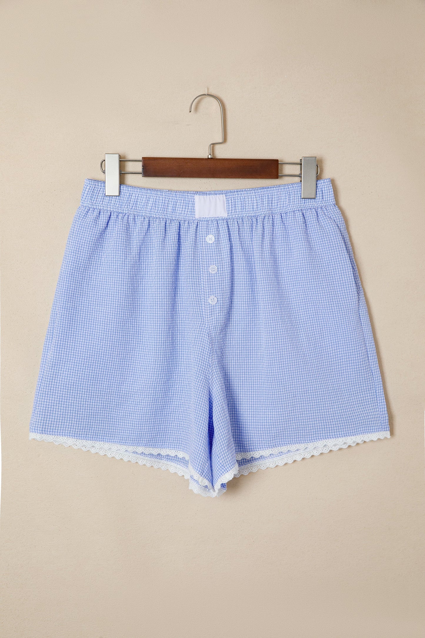 Gingham Plaid Lace Trim Buttoned Boxer Shorts
