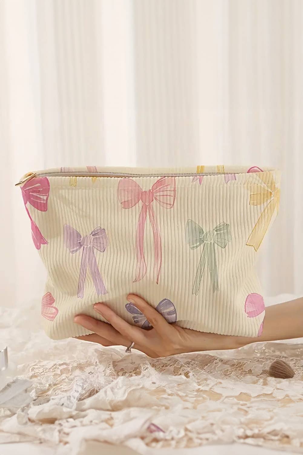 LDC Bow Knot Print Zipper Corduroy Large Cosmetic Bag