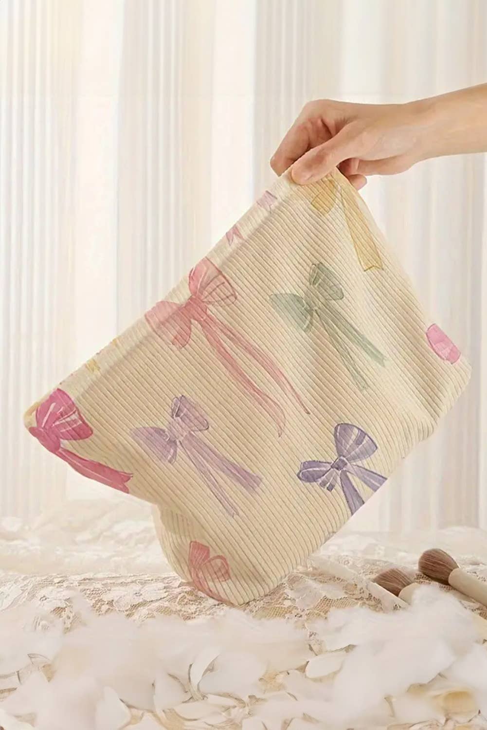 LDC Bow Knot Print Zipper Corduroy Large Cosmetic Bag
