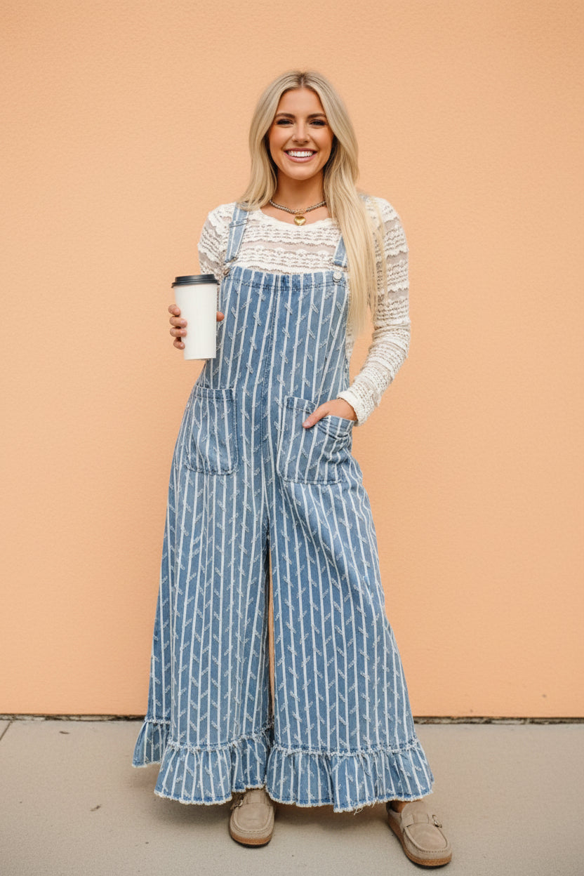 Distressed Denim Wide Leg Overalls