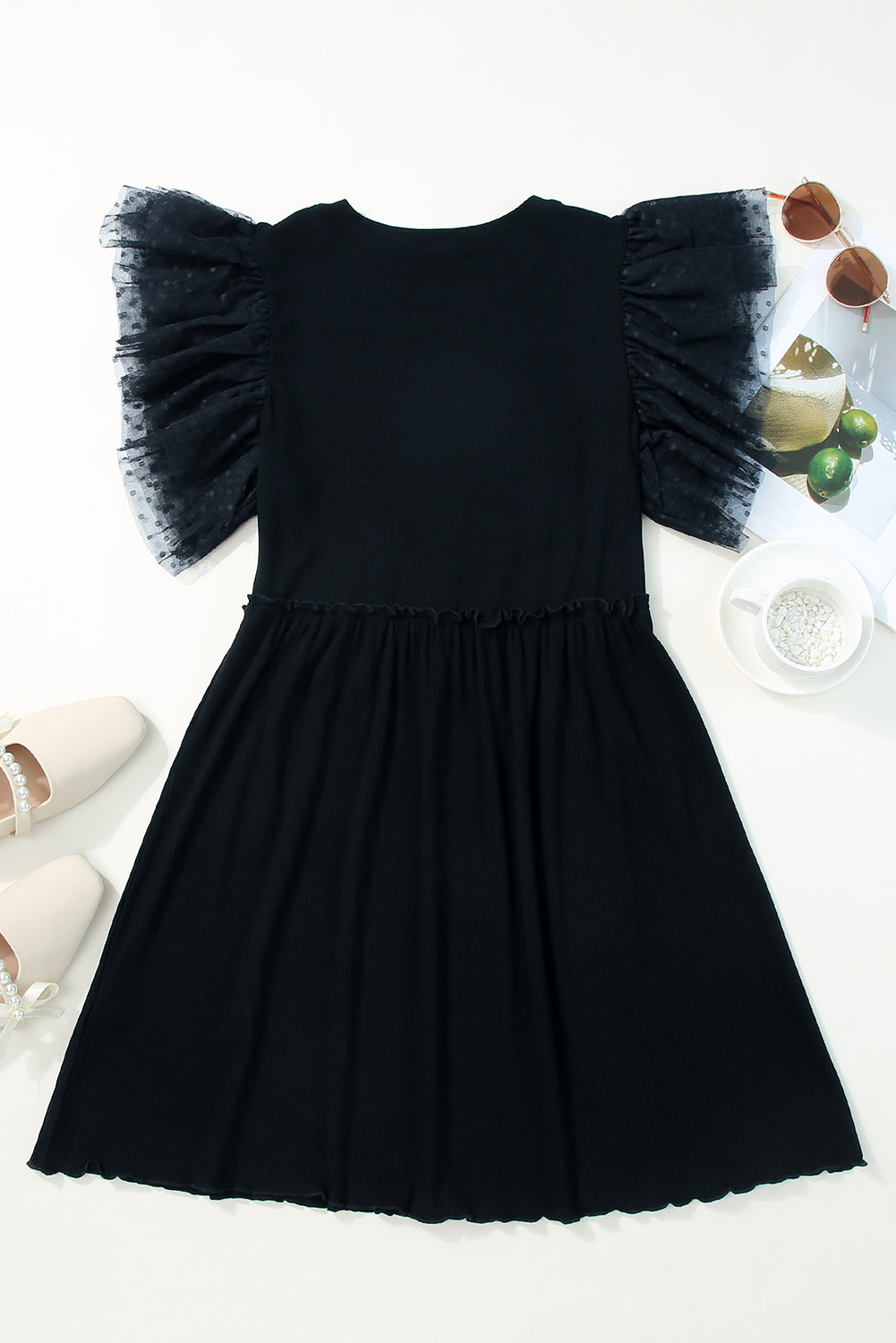Dotted Mesh Ruffle Sleeve Dress