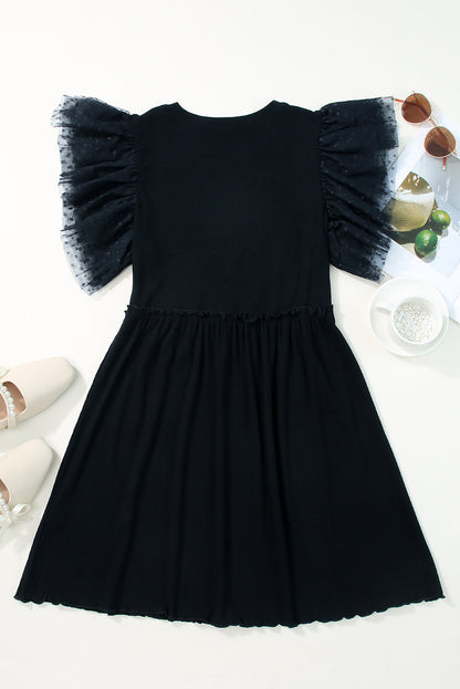 Dotted Mesh Ruffle Sleeve Dress