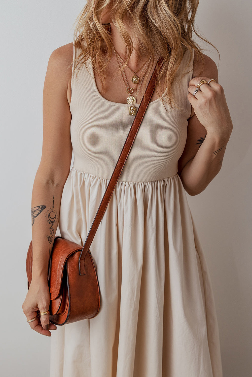 Ribbed Bodice Pleated Maxi Dress