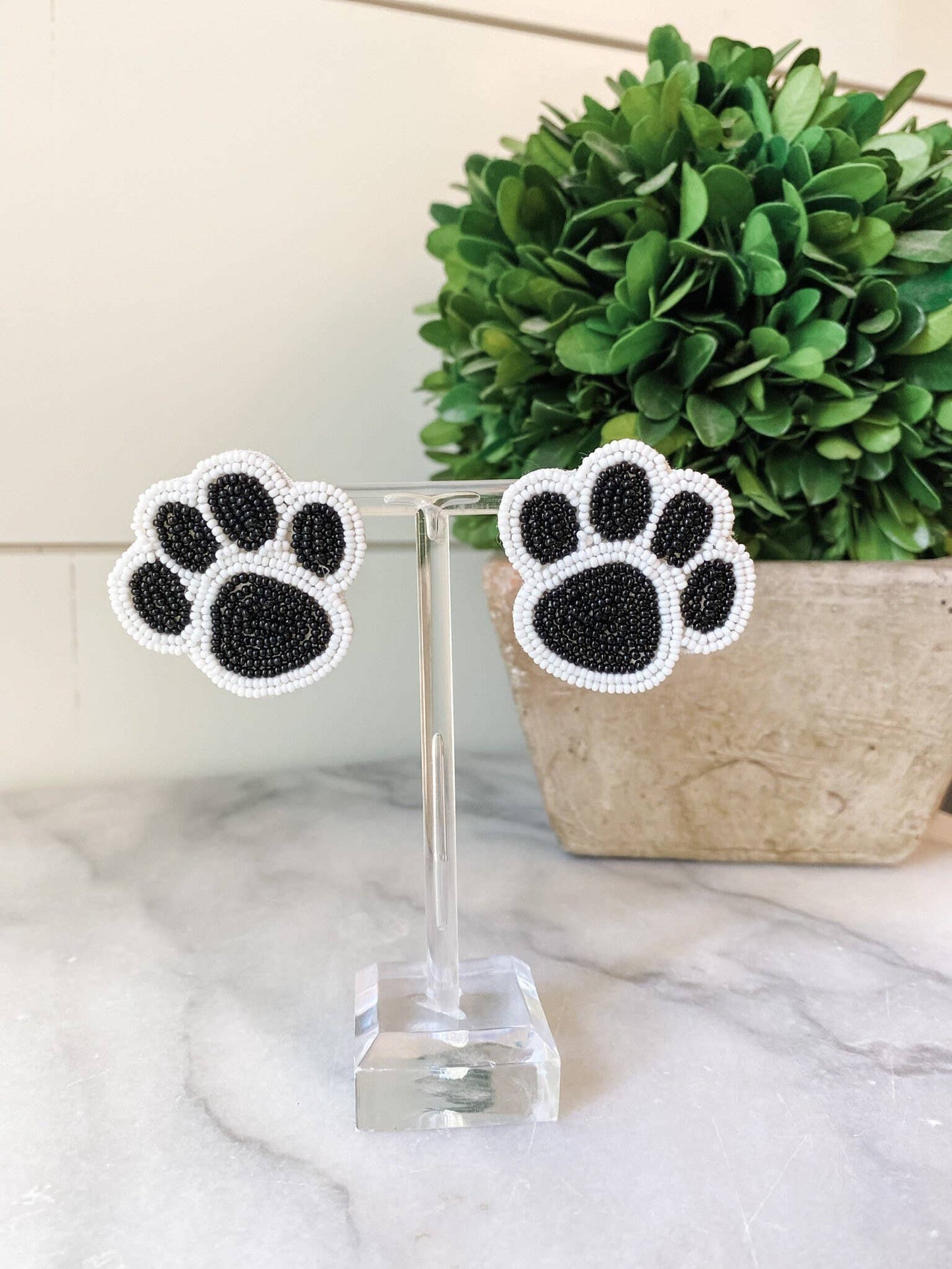 Black & White Paw Beaded Statement Earrings