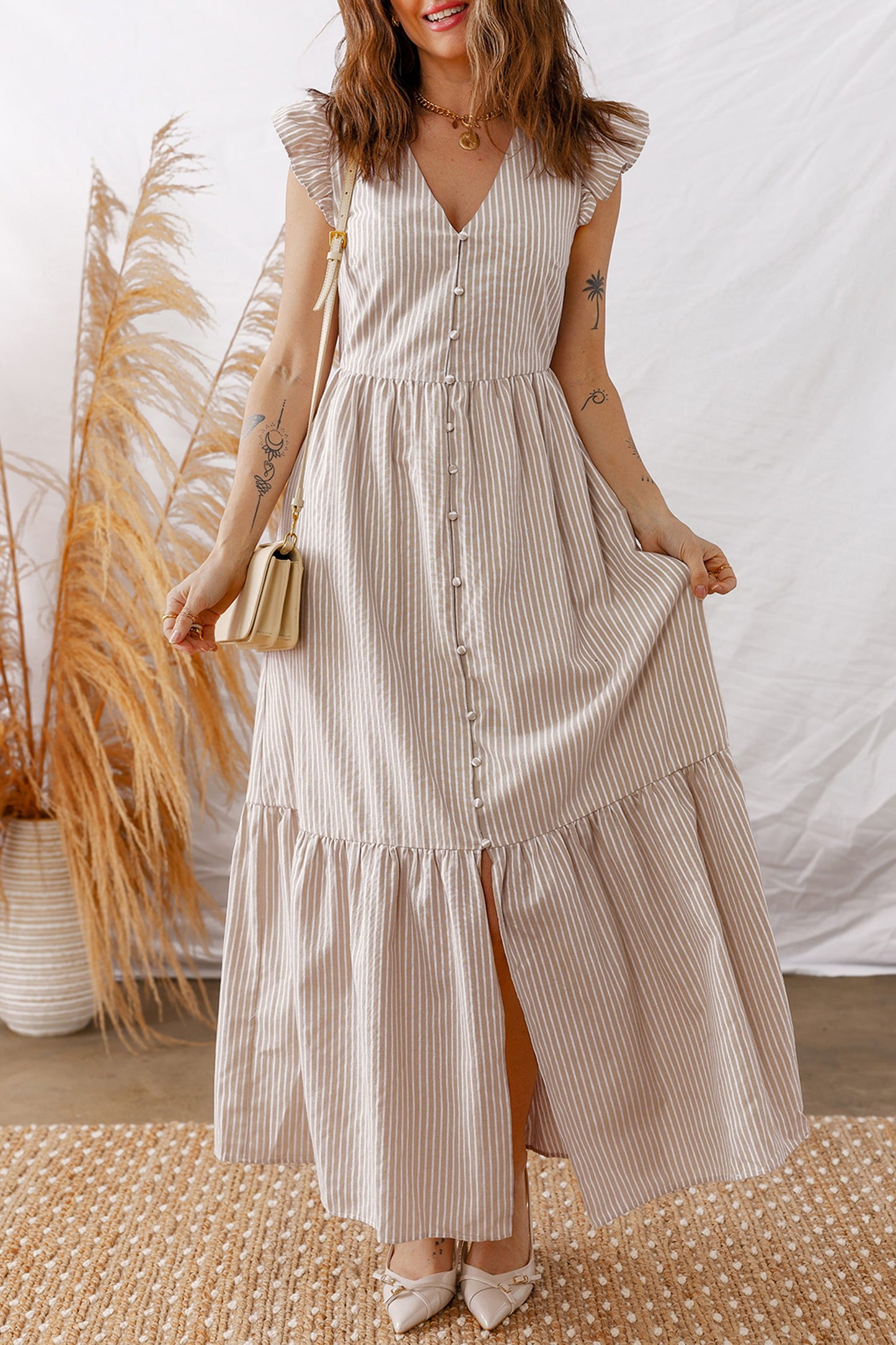 Buttoned V-Neck Maxi Dress