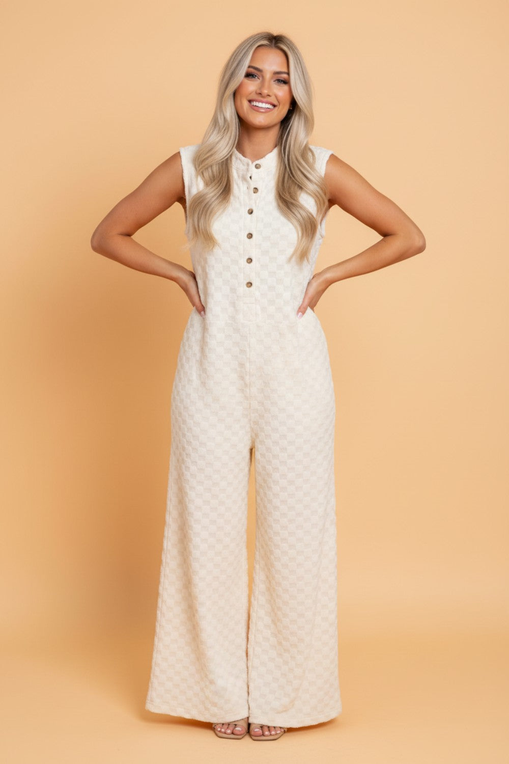 Checker Textured Sleeveless Wide Leg Jumpsuit