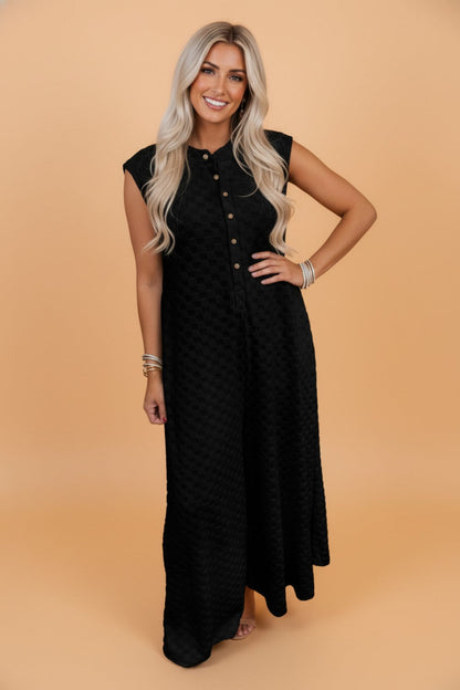 Checker Textured Sleeveless Wide Leg Jumpsuit