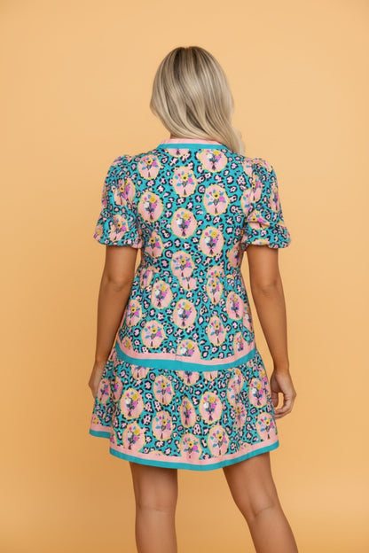 Floral Leopard Contrast Stripe Puff Sleeve Dress