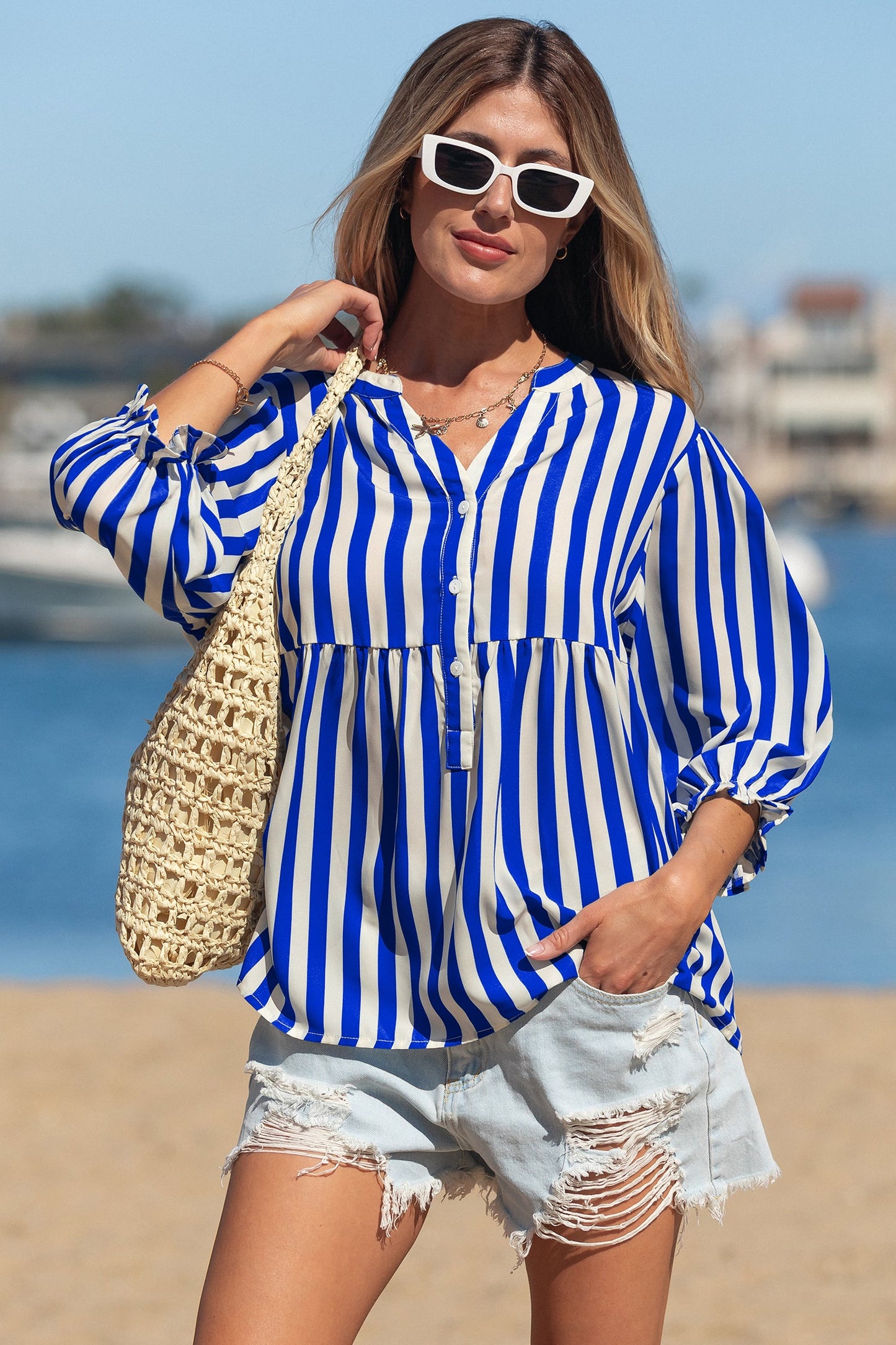 Stripe Balloon Sleeve Button-Up Shirt