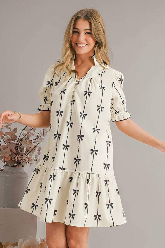 Bowknot Print Puff Sleeve Mini Dress