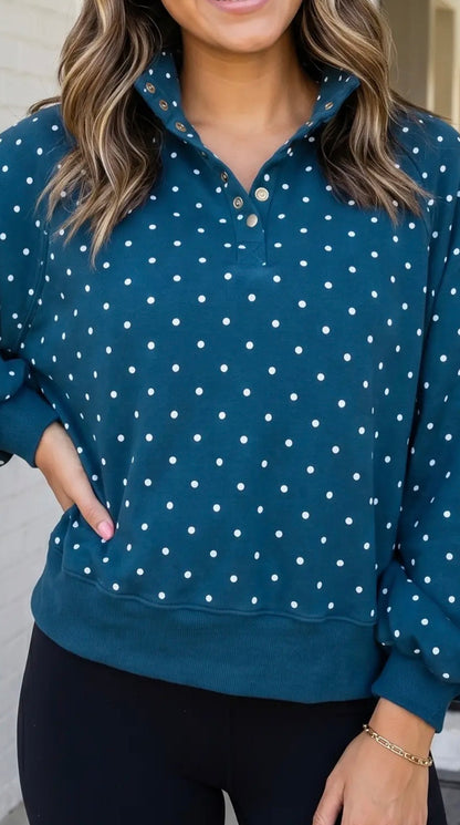 Polka Dot Buttoned Collar Long Sleeve Sweatshirt