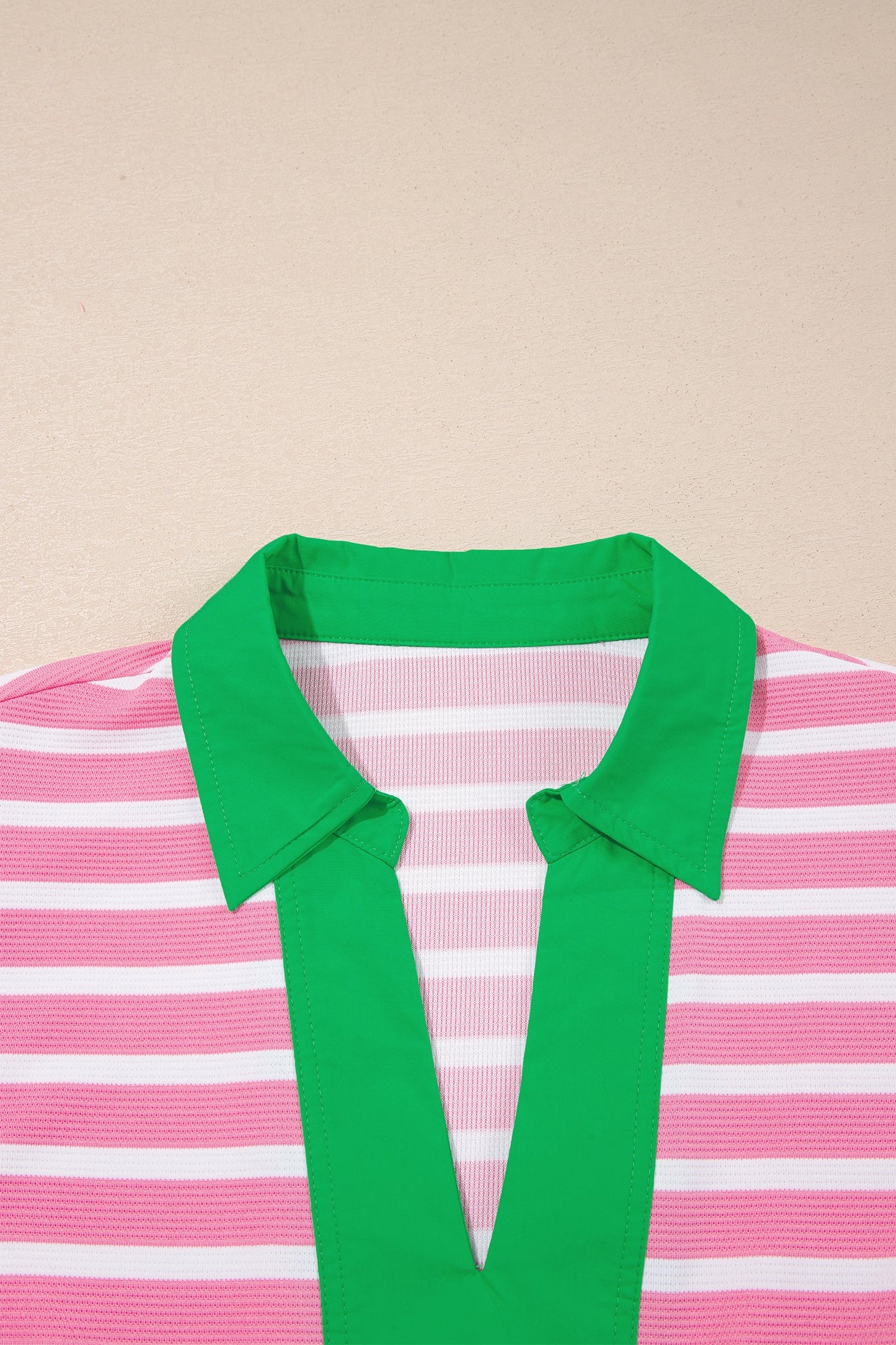 Stripe Colorblock Puff Sleeve Polo Collar Blouse
