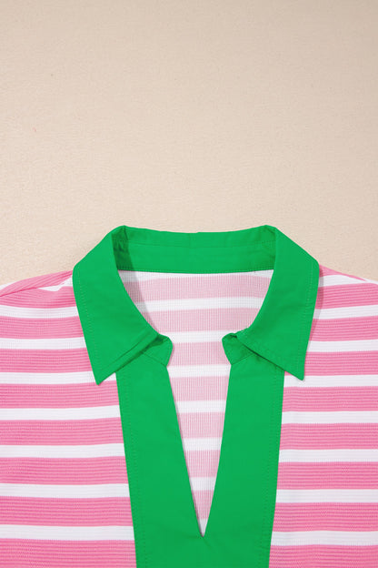 Stripe Colorblock Puff Sleeve Polo Collar Blouse