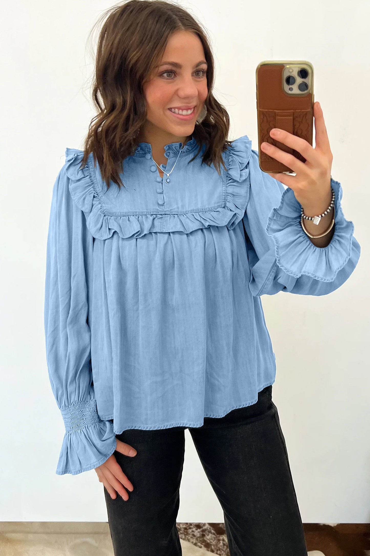 Chambray Ruffle Sleeve Blouse