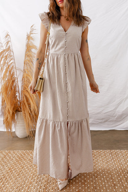 Buttoned V-Neck Maxi Dress