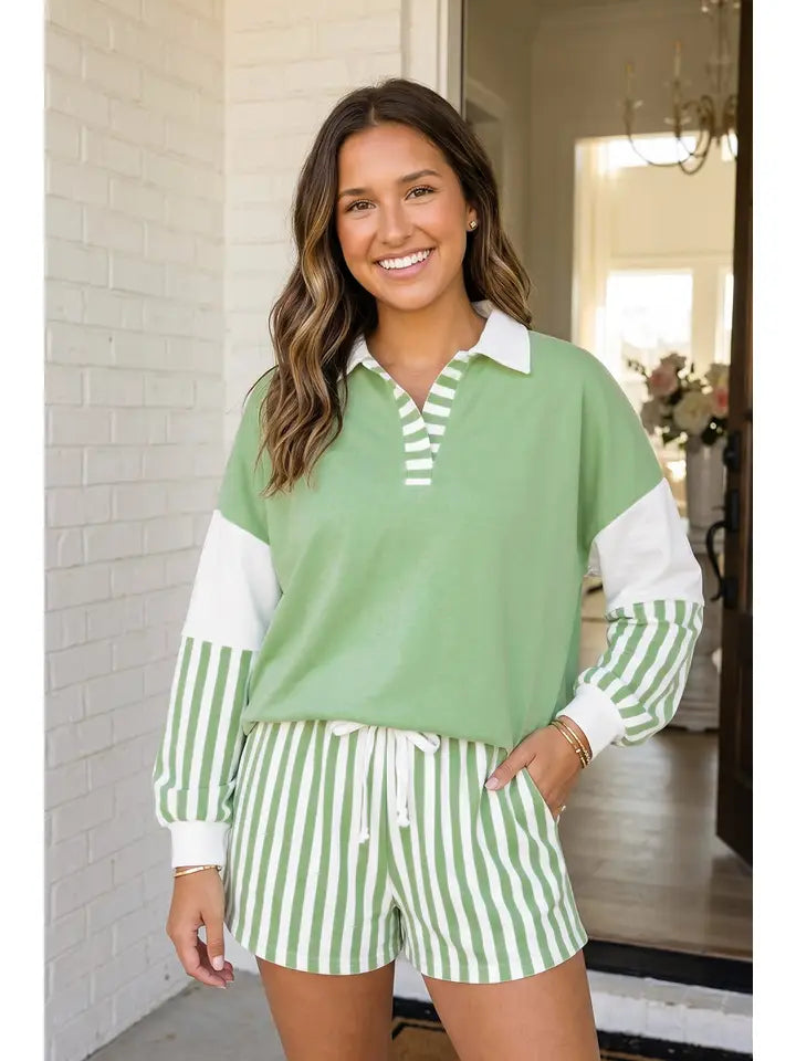 Stripe Colorblock Pullover Top & Drawstring Shorts Set
