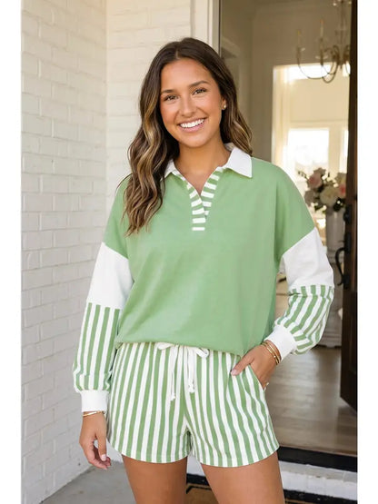 Stripe Colorblock Pullover Top & Drawstring Shorts Set