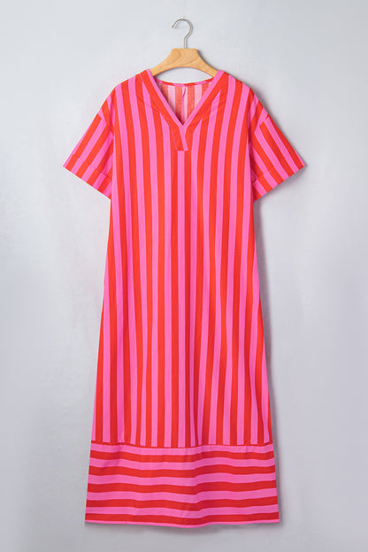 Stripe V-Neck Cuffed Sleeve Split Midi Dress