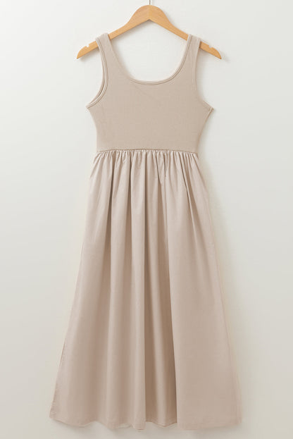 Ribbed Bodice Pleated Maxi Dress