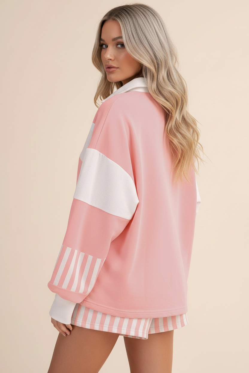 Stripe Colorblock Pullover Top & Drawstring Shorts Set