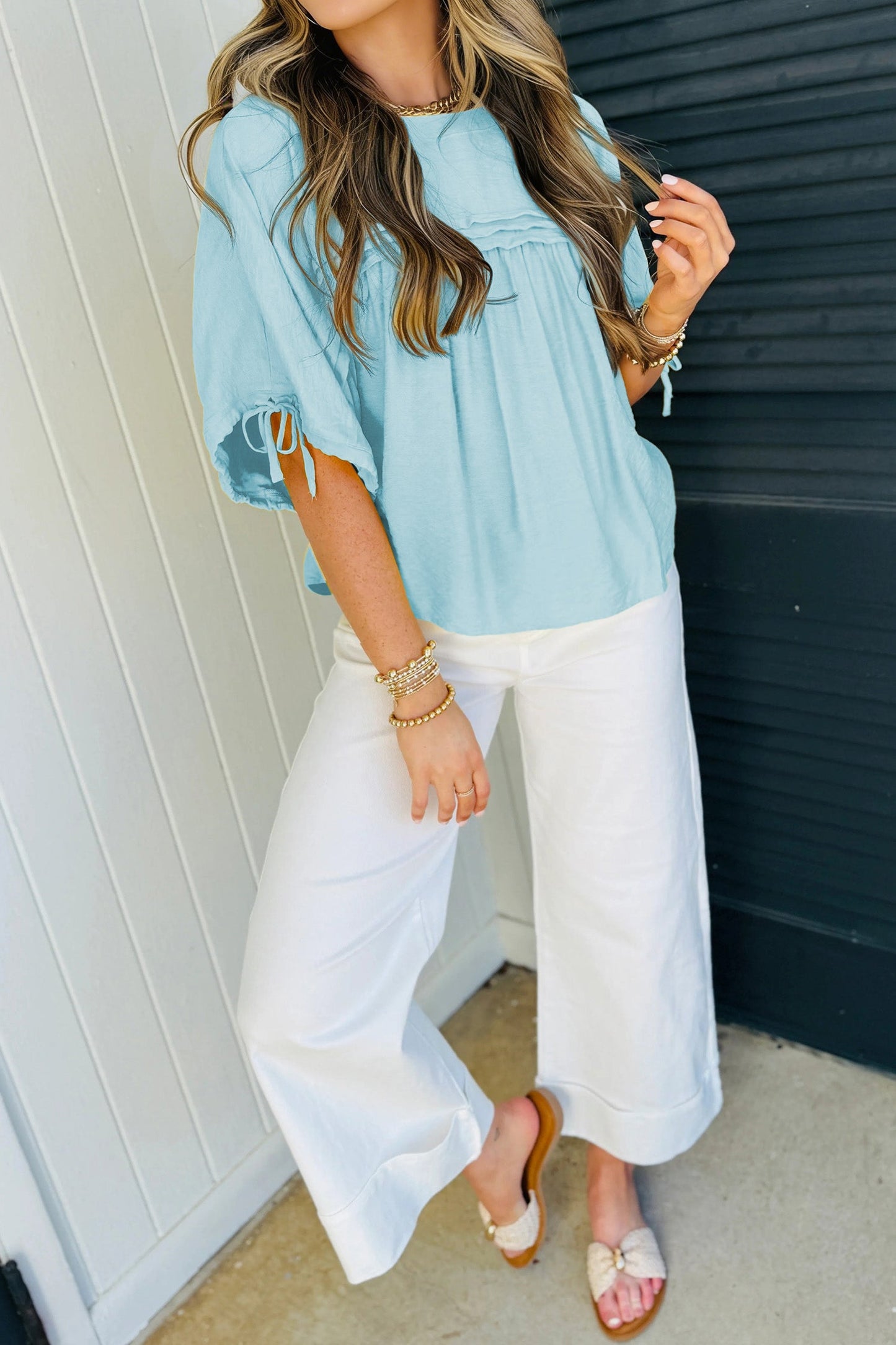 Solid Pleated Tie Sleeve Babydoll Blouse
