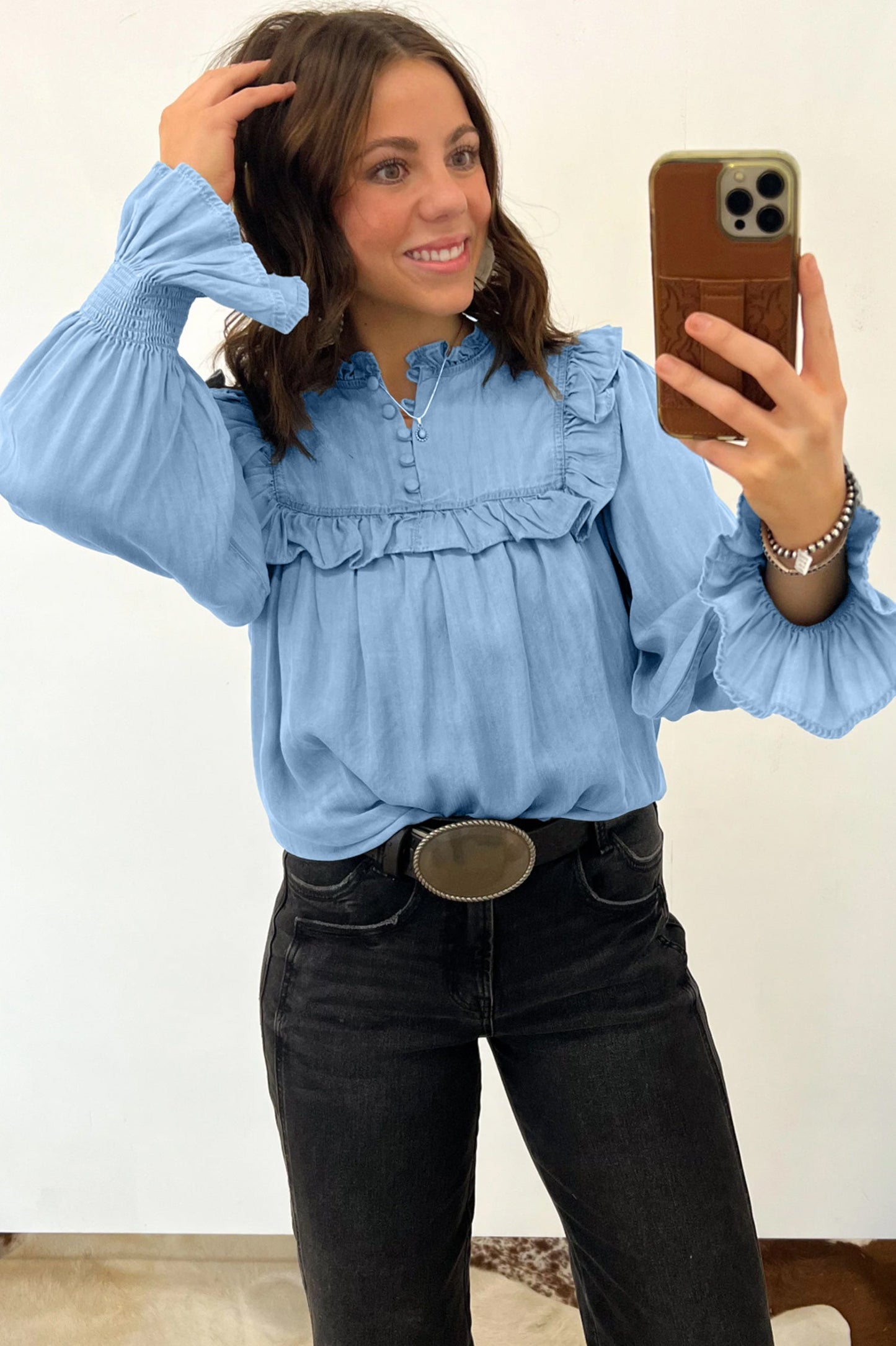 Chambray Ruffle Sleeve Blouse