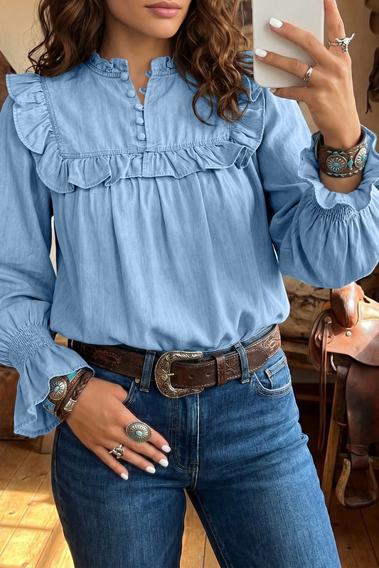 Chambray Ruffle Sleeve Blouse