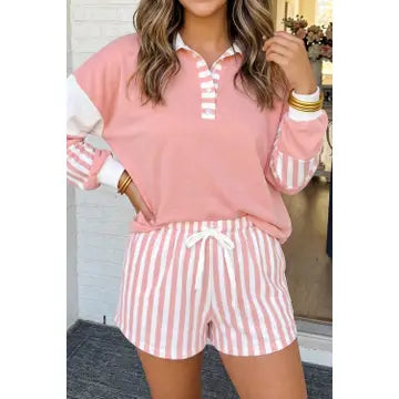 Stripe Colorblock Pullover Top & Drawstring Shorts Set