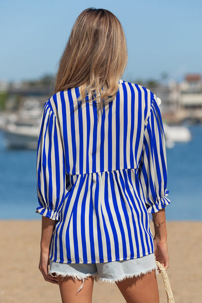 Stripe Balloon Sleeve Button-Up Shirt