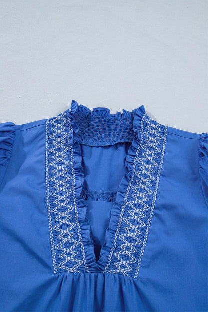 Embroidered Smocked Puff Sleeve Dress