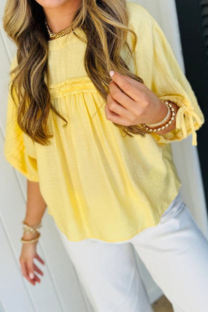 Solid Pleated Tie Sleeve Babydoll Blouse