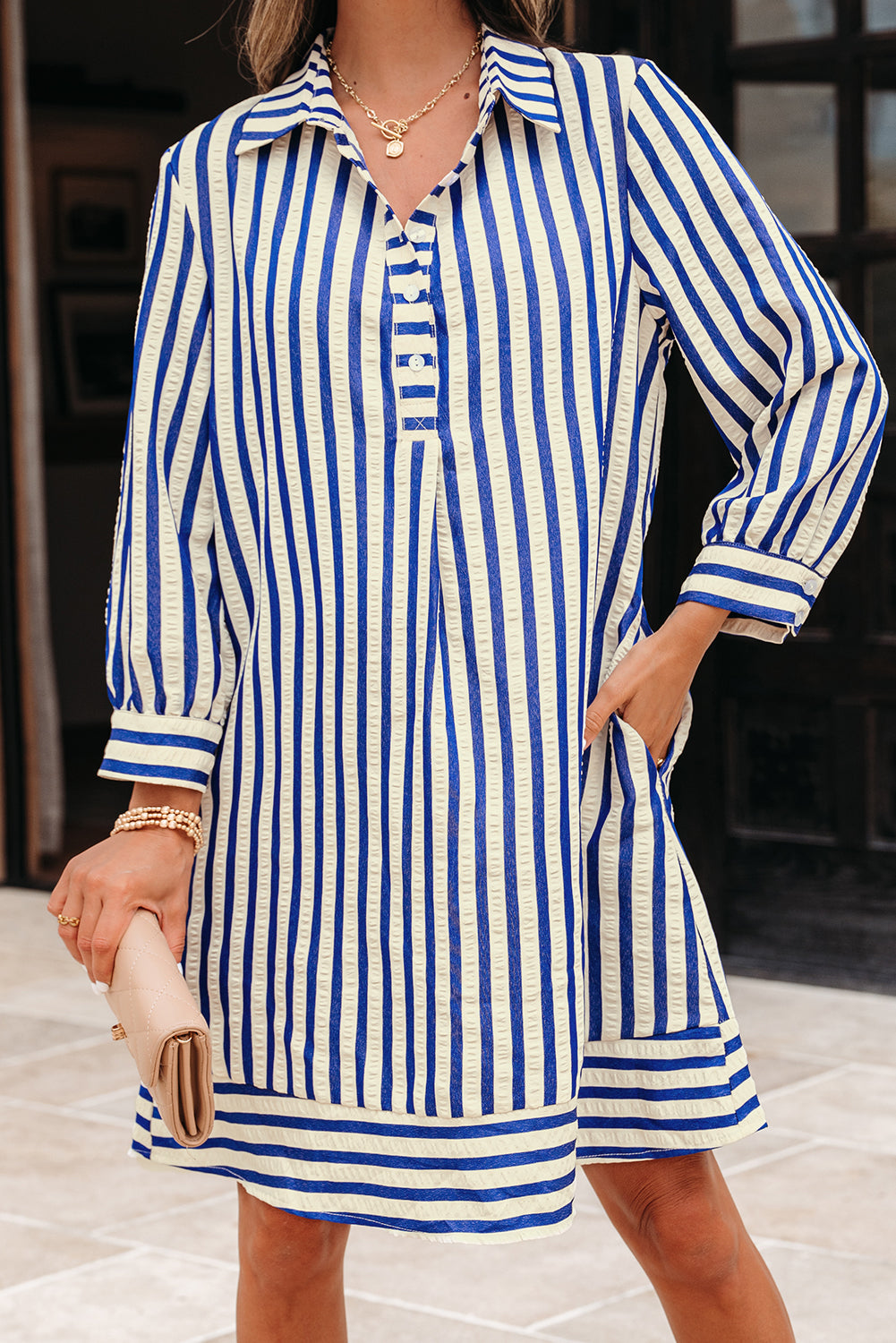 Stripe Buttoned Pocket Dress