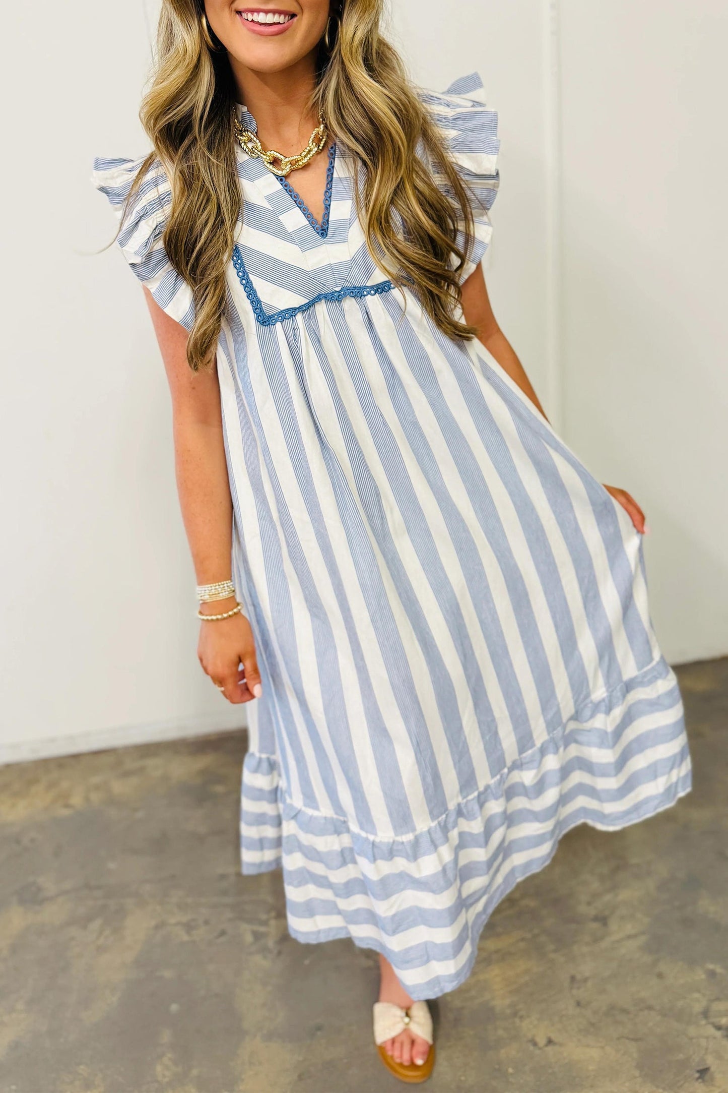 Stripe Lace Trim Midi Dress