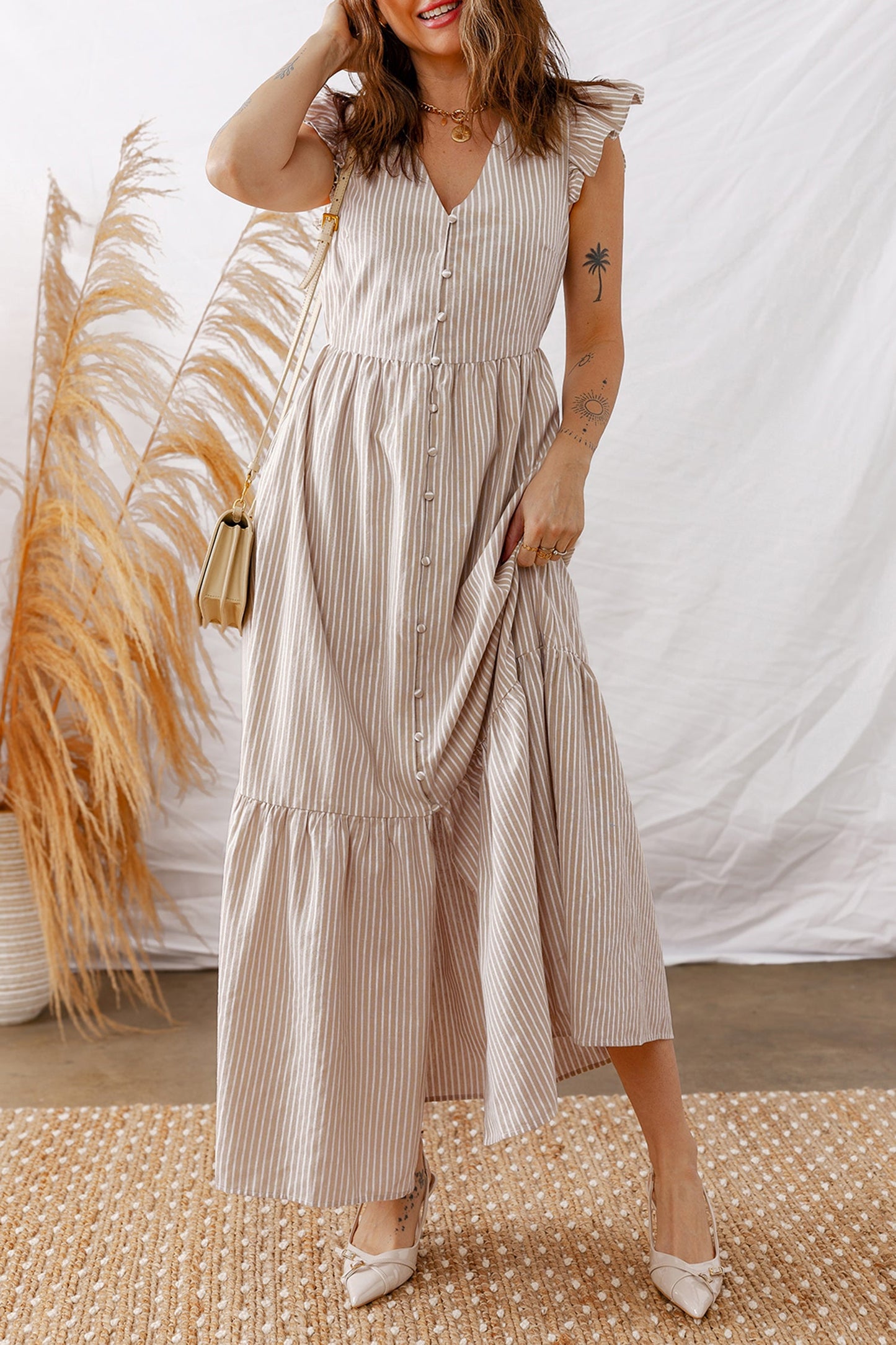 Buttoned V-Neck Maxi Dress