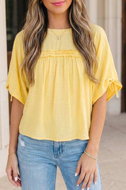 Solid Pleated Tie Sleeve Babydoll Blouse