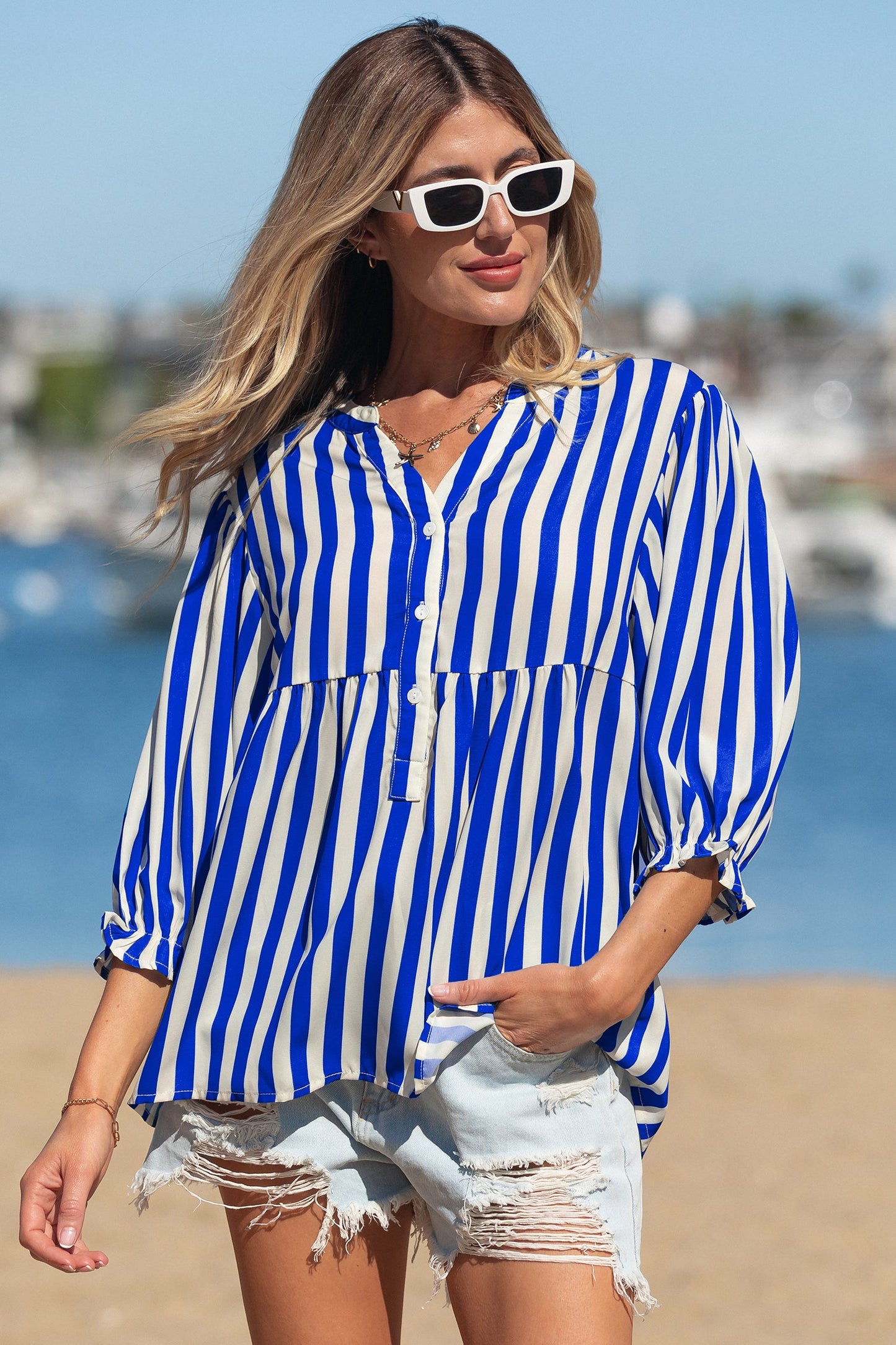 Stripe Balloon Sleeve Button-Up Shirt
