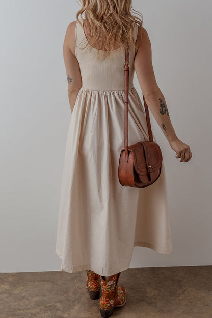 Ribbed Bodice Pleated Maxi Dress