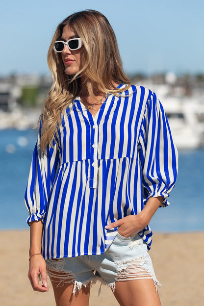 Stripe Balloon Sleeve Button-Up Shirt