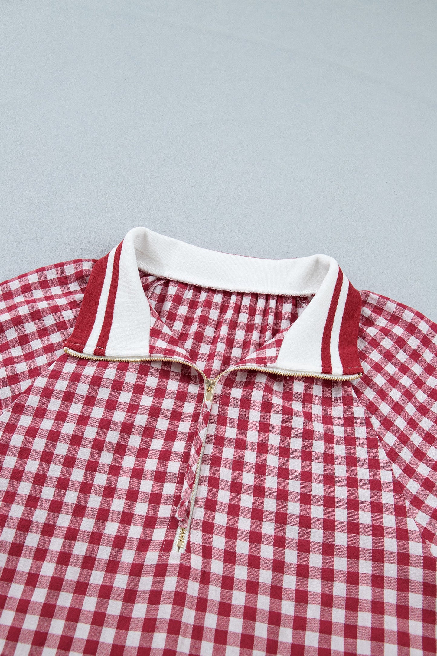 Gingham Half Zip Collared Blouse