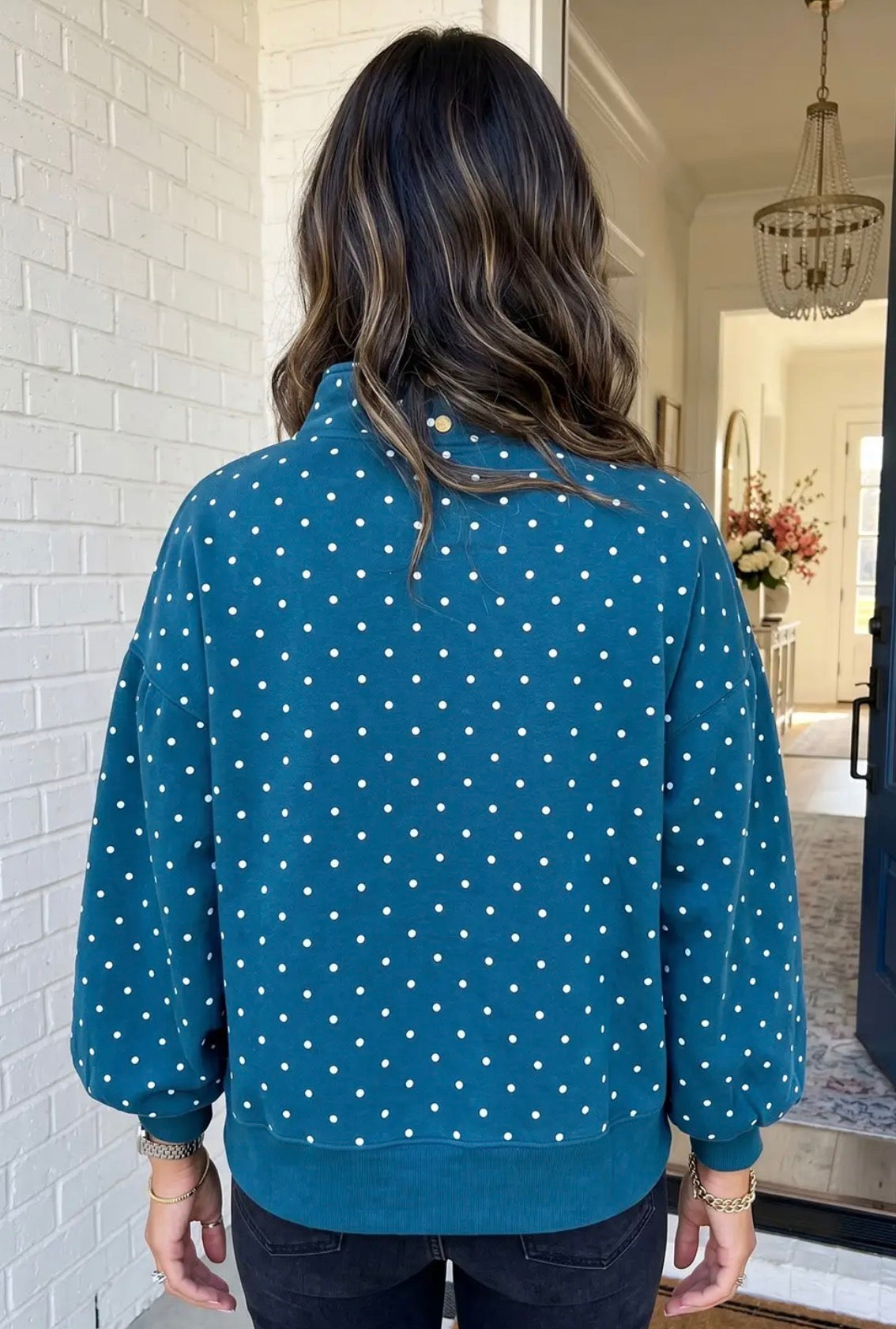 Polka Dot Buttoned Collar Long Sleeve Sweatshirt
