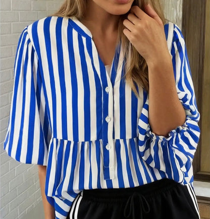 Stripe Balloon Sleeve Button-Up Shirt