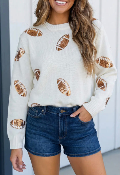 Football Sequin Round Neck Long Sleeve Sweater