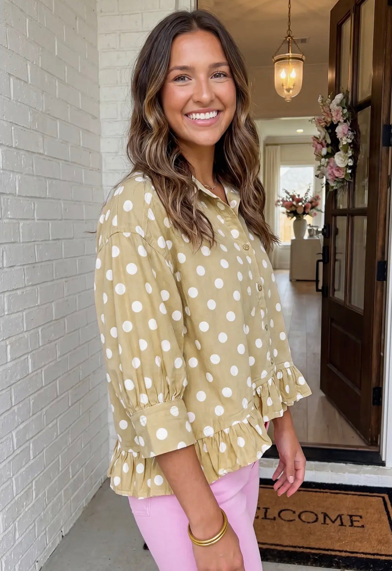 Polka Dot 3/4 Sleeve Ruffle Hem Shirt