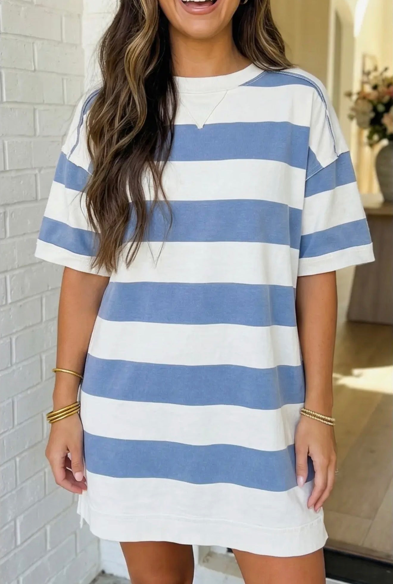 Stripe Raw Seam Short Sleeve Tee Dress