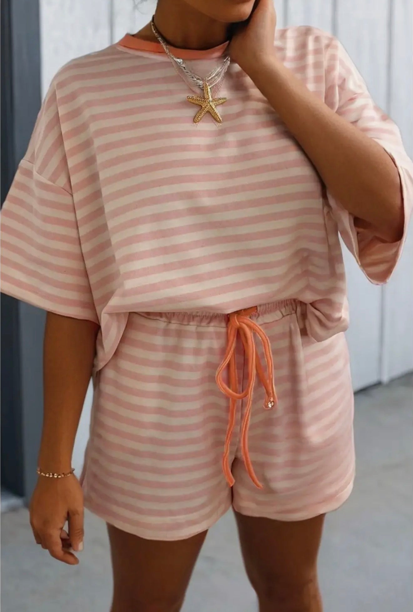 Plus Size Stripe T-Shirt & Drawstring Shorts Set