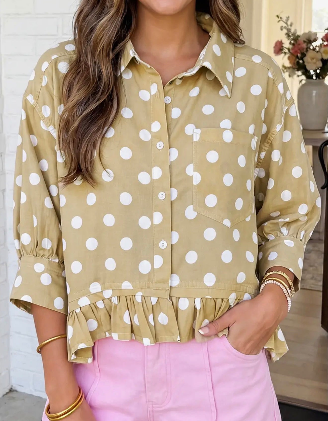Polka Dot 3/4 Sleeve Ruffle Hem Shirt