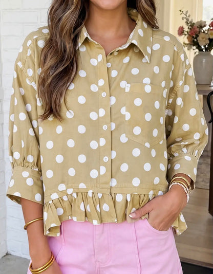 Polka Dot 3/4 Sleeve Ruffle Hem Shirt
